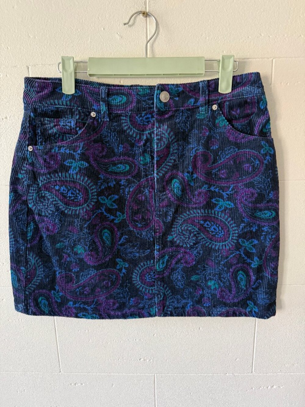 TWIK SIMONS | Blue & Purple Paisley Corduroy Mini Skirt | Medium